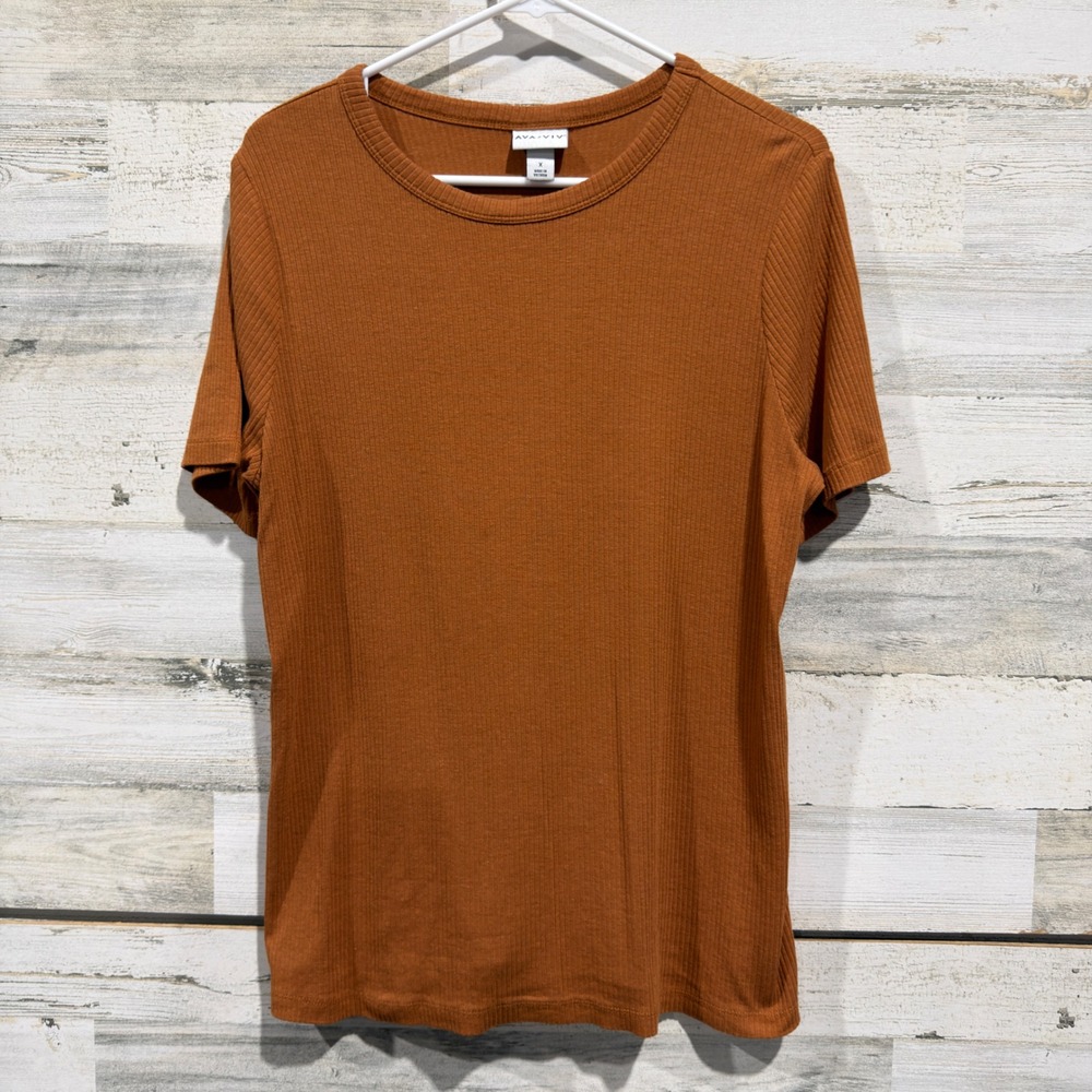 Ava & Viv Ribbed Tee Women 0X Orange Short Sleeve Casual Basic EUC